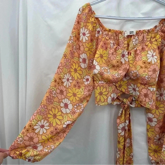 Madden NYC Juniors Floral Crop Top XL Yellow Orange Cropped Back Tie Long Sleeve - Picture 4 of 15